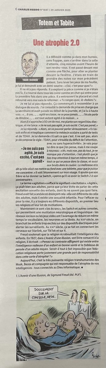 cbreuillot's tweet photo. #psychanalyse #politique #education

#SexualitéInfantile et #lobotomisation @Charlie_Hebdo_ @YannDiener 

Le terme «agitation» a effacé le signifiant « excitation». «Agité», ça plaît bien aux adultes, parce que ça leur évite de parler de cette #excitation sexuelle. https://t.co/89I75ZW6mN
