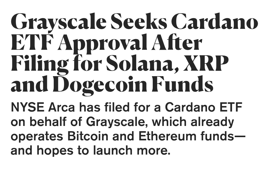 LaPetiteADA's tweet photo. 🚨 BREAKING 🚨  

@Grayscale files for a Cardano ETF! 🦋🍄  

This means more liquidity, institutional investment, and legal recognition, bringing $ADA closer to mainstream adoption and long-term growth. 🚀 https://t.co/65kAHZ4w0p