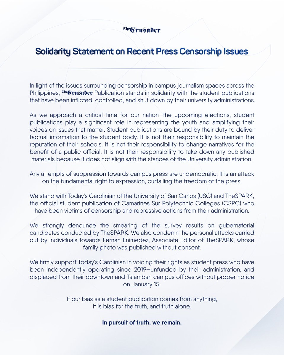 thecrusaderpub's tweet photo. In light of the issues surrounding censorship in campus journalism spaces across the Philippines, The Crusader stands in solidarity with the student publications that have been inflicted, controlled, and shut down by their university administrations.  

#DefendPressFreedom https://t.co/pSH5EC5awN