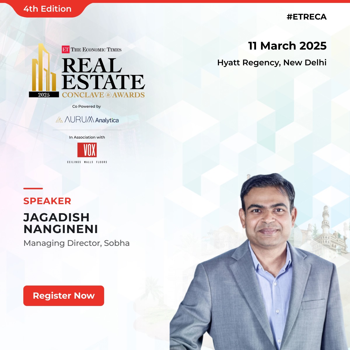 We are Honoured to welcome Jagadish Nangineni, Managing Director, Sobha to the 4th Edition of #ETRECA 2025.

📅 March 11, 2025
📍 Hyatt Regency, Delhi

Register Now - bit.ly/40kvJRM 

#ETRECA #4thEdition #RealEstate #Conclave #TheEconomicTimes #BuildersAndDevelopers
