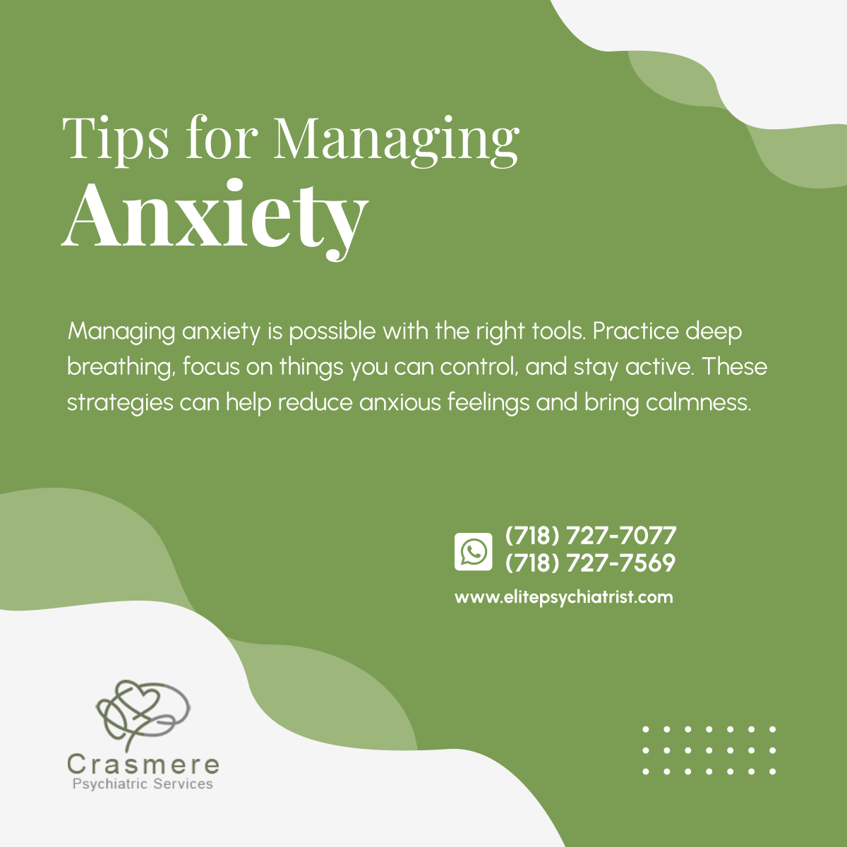 CrasmerePsych's tweet photo. Anxiety doesn’t have to control your life. Techniques like deep breathing, focusing on the controllable, and staying physically active can ease symptoms and help you feel more centered. 

#StatenIslandNY #PsychiatricServices #AnxietySupport #CopingSkills #MentalHealth https://t.co/ieVIwDMbhM