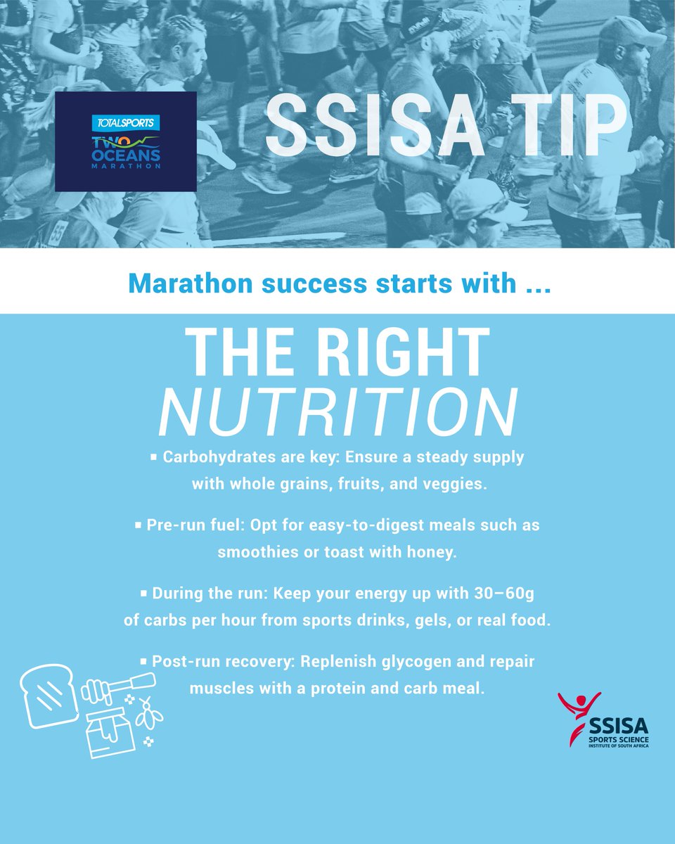 2OceansMarathon's tweet photo. Practice your nutrition strategy during training to avoid race day surprises and don’t forget your post-run recovery!
#RunWithSSISA #KeepPushing #TTOM2025 #Totalsports #MarathonPrep #Wednesday Wisdom #FuelYourRun https://t.co/EyaAtJWLN6