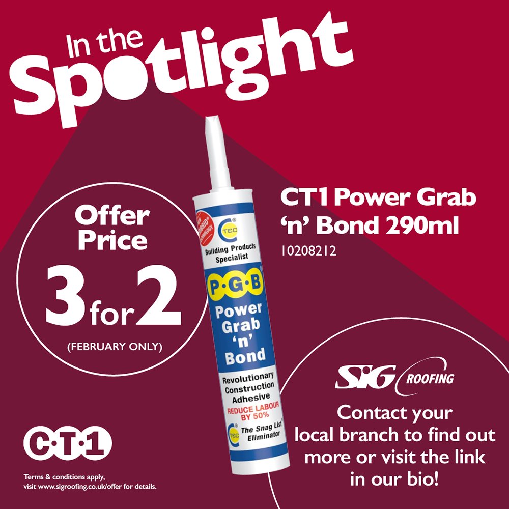 Swing by and grab a tube or two of CT1 adhesive to stay bonded with your work - now 3 for 2 at all SIG Roofing branches!

CT1 Grab 'N' Bond offer available throughout February.

Find your local branch: bit.ly/3hyxsND

#Spotlight #GrabNBond