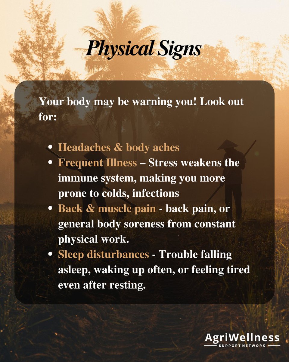 AgriWellnessnet's tweet photo. When stress becomes constant, it can lead to burnout, making even the work you once loved feel exhausting. Unlike regular tiredness, burnout doesn’t go away with rest and can affect both your health and productivity.

🔄 Share this with a fellow farmer who needs this reminder! https://t.co/4wFe1ZCQNX