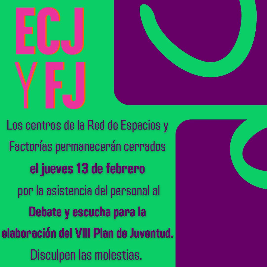 Para llegar a buen término, a veces hay que planificar la ruta. 

Por esta razón los centros de la Red de Espacios y Factorías del IJEX permanecerán cerrados el jueves 1️⃣3️⃣ de febrero por la asistencia del personal al Debate y escucha para la elaboración del VIII Plan de Juventud