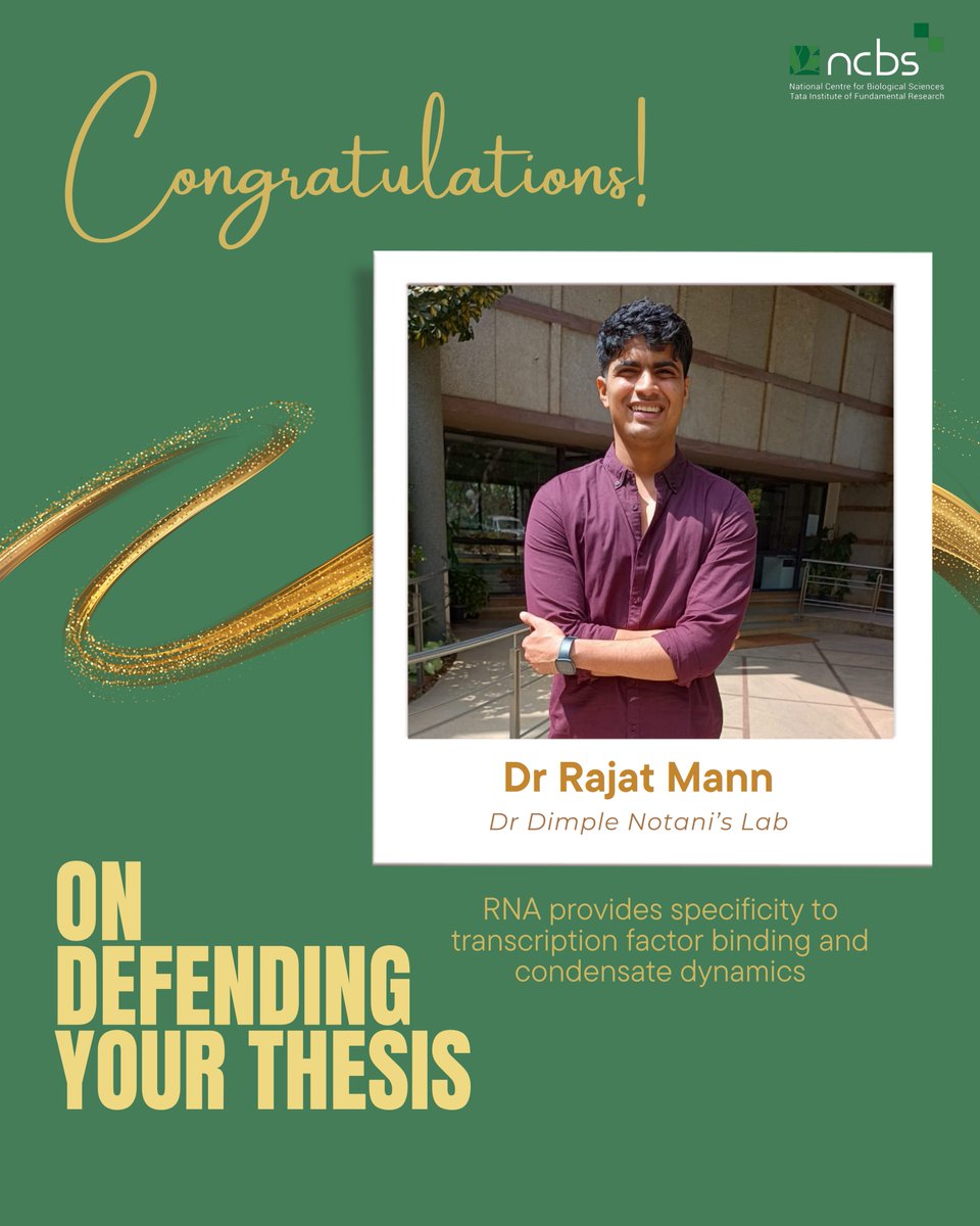 National Centre for Biological Sciences (@ncbs_bangalore) on Twitter photo #PhDone! 🎓 Congratulations Dr Rajat! 🎉
<a href="/rajat007_mann/">Rajat Mann</a> from Dr <a href="/DimpleNotani/">Dimple Notani</a>'s lab successfully defended his thesis!
🧵⬇️Scroll through the thread to learn about his work on transcription regulation🧬
(1/5) #PhDone! 🎓 Congratulations Dr Rajat! 🎉
<a href="/rajat007_mann/">Rajat Mann</a> from Dr <a href="/DimpleNotani/">Dimple Notani</a>'s lab successfully defended his thesis!
🧵⬇️Scroll through the thread to learn about his work on transcription regulation🧬
(1/5)