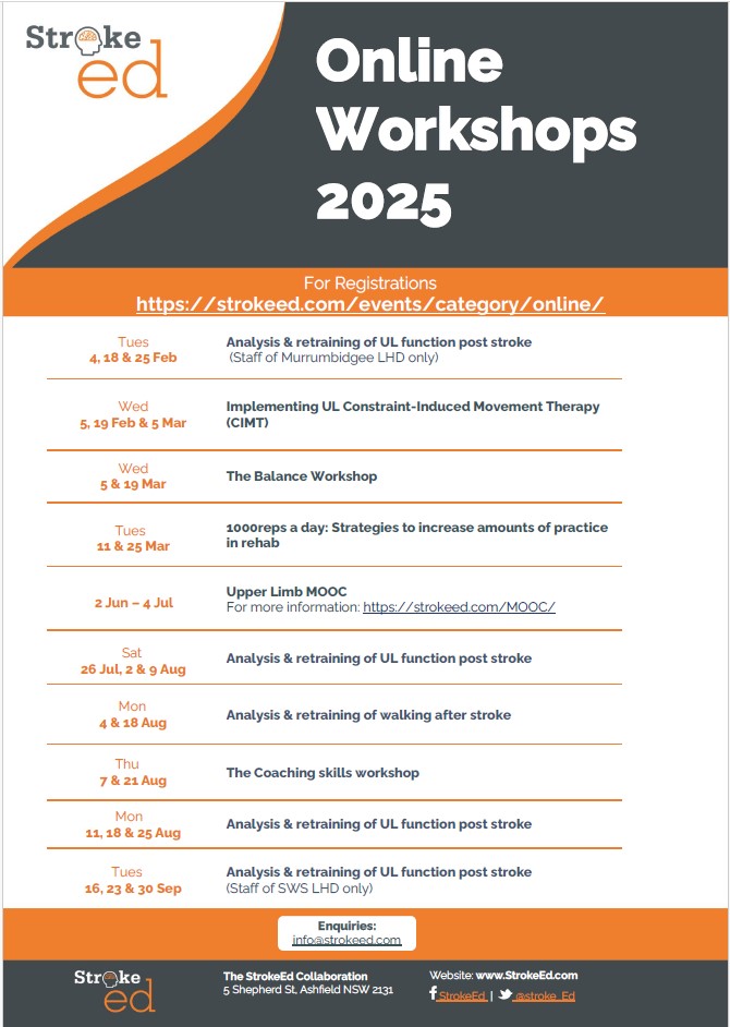 StrokeEd (@stroke_ed) on Twitter photo We still have places in our upcoming online workshops. The 2025 workshops include
- Analysis & Retraining of UL
- CIMT
- Balance
- 1000 reps
- Upper limb MOOC
- Analysis & retraining of walking
- Coaching skills
Sign up follow via strokeed.com/events/categorā¦
Email info@strokeed.com We still have places in our upcoming online workshops. The 2025 workshops include
- Analysis & Retraining of UL
- CIMT
- Balance
- 1000 reps
- Upper limb MOOC
- Analysis & retraining of walking
- Coaching skills
Sign up follow via strokeed.com/events/categorā¦
Email info@strokeed.com