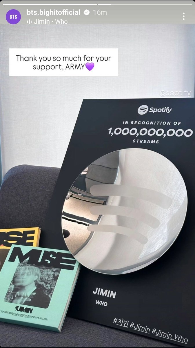PJM_data's tweet photo. Jimin's 1 BILLION Spotify plaques for "Like Crazy" and "Who"!

We can't wait for Jimin to see (and eat from?) his plaques when he returns from service 🥹

Congratulations Jimin!
PROUD OF YOU JIMIN

#LikeCrazy #Jimin_Who #JIMIN #지민 https://t.co/85E2zKILKb