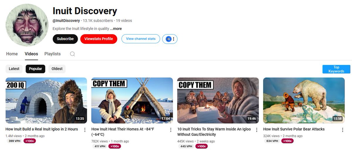 Faceless YouTube Channel Made over $15k in the past 28 days:

Inuit Niche 🧐

10 videos / month
3,000,000 views a month (so far)
~ $5 rpm (earnings per 1k views)
Only took 2 months to reach these results. Pretty solid niche. 🥶
