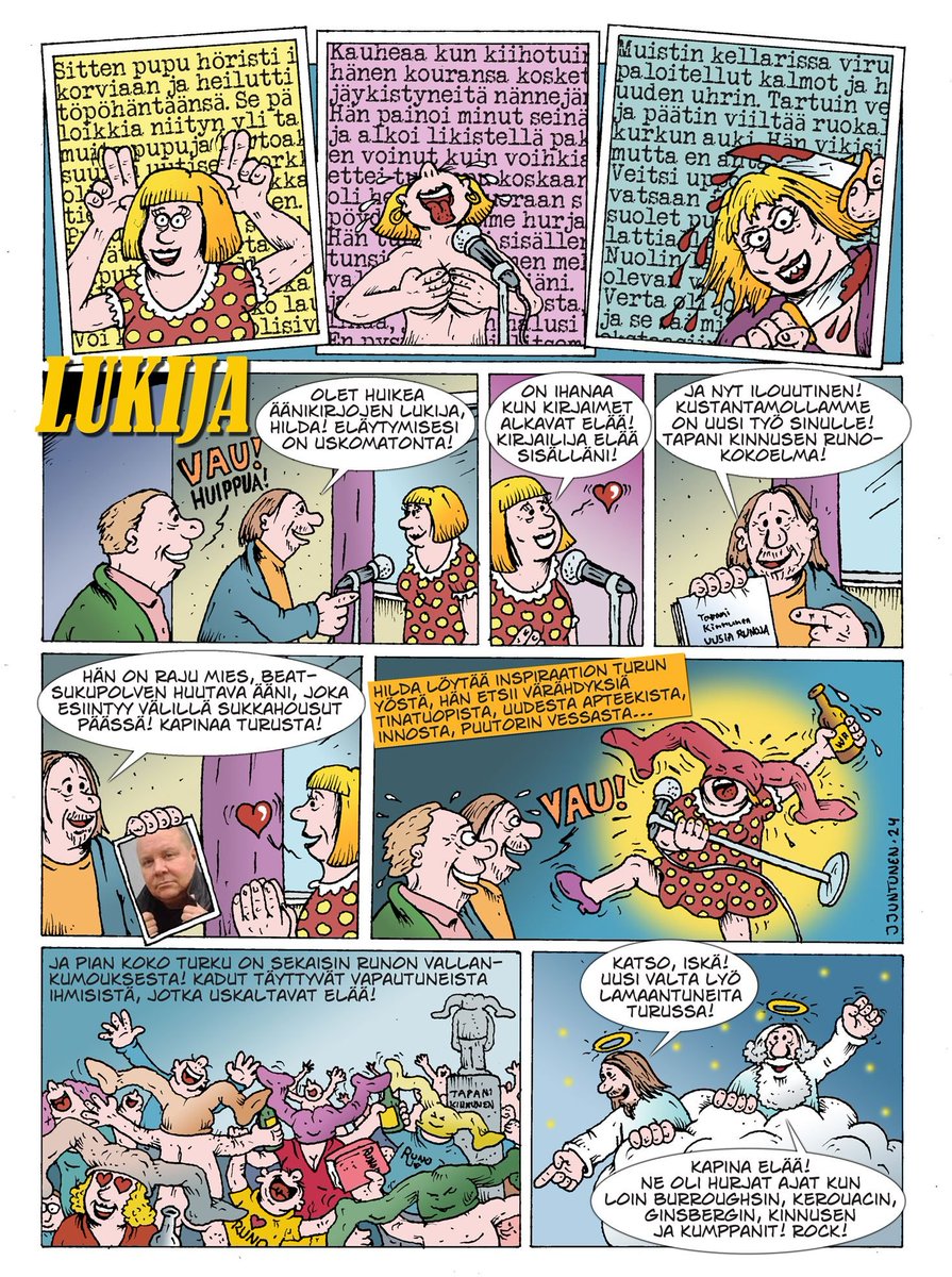 Juho Juntusen sarjakuva kirjallisuuslehti Parnassossa 1/2025 on täynnä yllätyksiä. Suuri ilo ja kunnia olla sarjakuvasankari.  

Kuva tekijän luvalla.