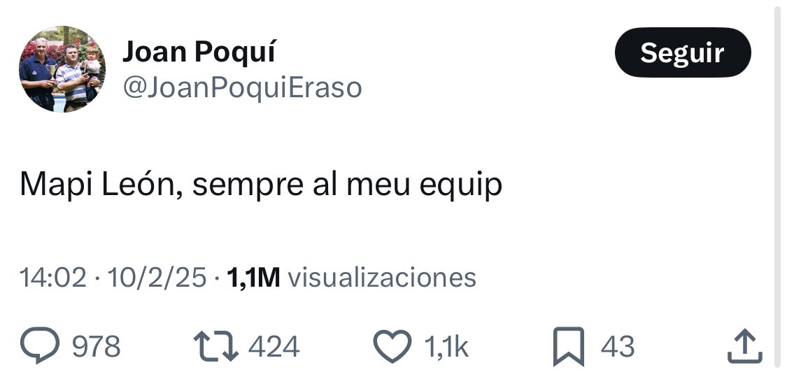 Joan Poquí, en TV3, después de publicar que daba todo su apoyo a Mapi León: "El gesto se da en un contexto donde se están produciendo insultos desde la grada. Eran insultos inaceptables. No lo justifico, pero ese era el contexto".

Todo pagado con dinero público.