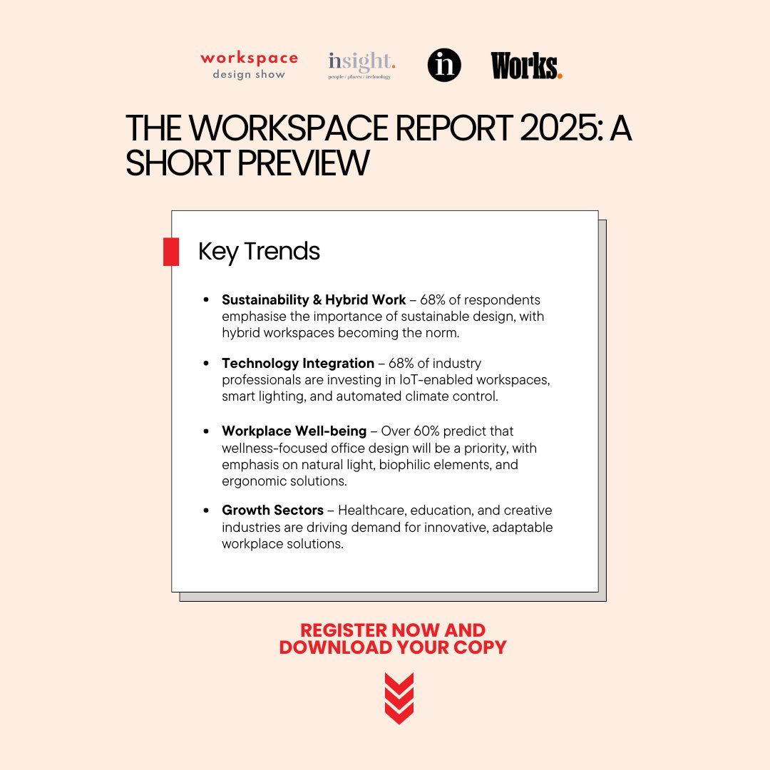 Workspace Design Show UK (@workspaceshowuk) on Twitter photo 📢 Just Released: The Workspace Report 2025 – A Short Preview!
Packed with expert insights & strategies for architects, designers & workplace leaders.
📩 Register now for a preview: workspaceshow.co.uk/industry-report
In collaboration with <a href="/InsightOnWork/">Workplace Insight</a> , IN Magazine & Works Magazine 📢 Just Released: The Workspace Report 2025 – A Short Preview!
Packed with expert insights & strategies for architects, designers & workplace leaders.
📩 Register now for a preview: workspaceshow.co.uk/industry-report
In collaboration with <a href="/InsightOnWork/">Workplace Insight</a> , IN Magazine & Works Magazine