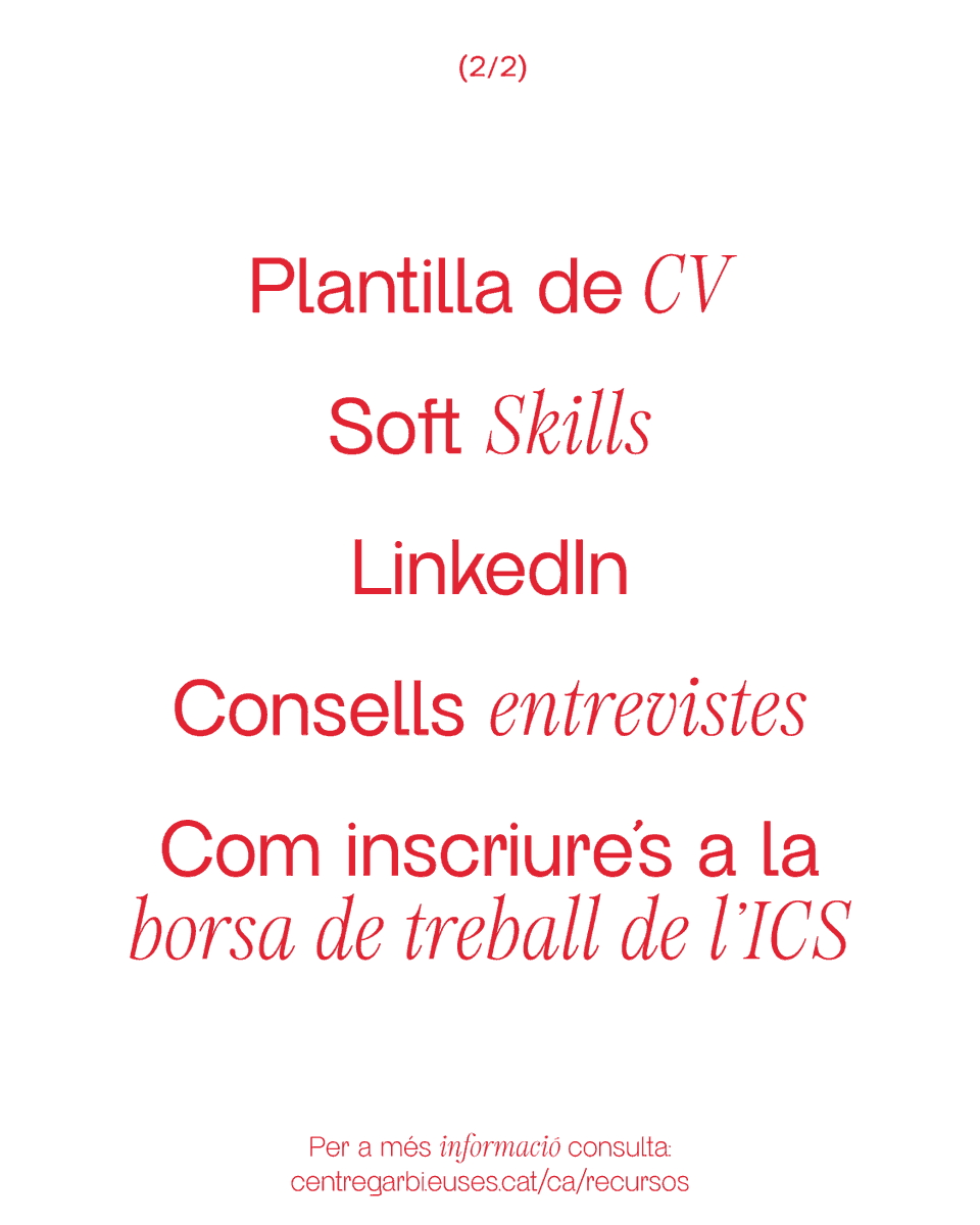 CentreGarbi's tweet photo. Descobreix tot el que t’oferim a l’apartat “Recursos” de la pàgina web de CENTRE GARBÍ Alumni! 🫣

-Guia per fer el CV + plantilles.
-Tot sobre LinkedIn.
-Soft Skills.
-Com inscriure’t a la borsa de treball de l’ICS.
-Consells per fer les entrevistes. 🚀

#CentreGarbíAlumni https://t.co/S4gYZvGmA7