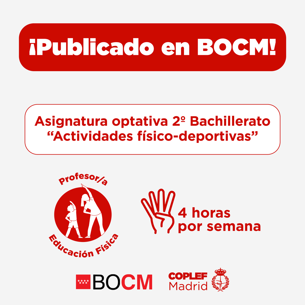 coplefmadrid's tweet photo. 🚨¡MUY IMPORTANTE!🚨
Se publica en Boletín Oficial de la Comunidad de Madrid, la Orden del currículo y profesorado de la optativa de 4 horas para 2º Bachillerato “Actividades físico-deportivas”.
Toda la info en el link🔗https://t.co/GCHC3Ff65F
#MasEF #1hEF #EduFis https://t.co/nqwAFLLiVe