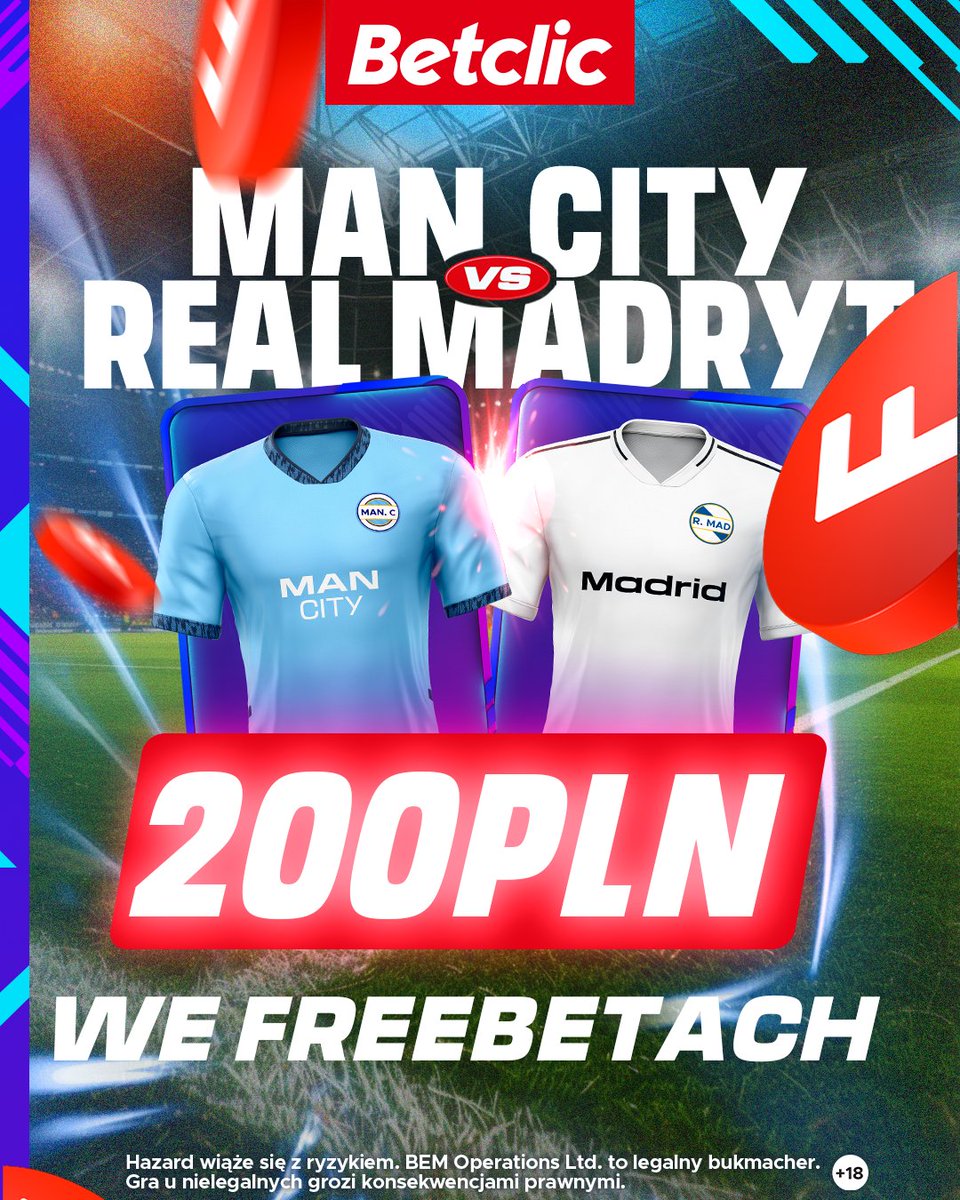 BetclicPolska's tweet photo. ⚽️KONKURS⚽️#UCL 

🎁Do wygrania: 200 zł we freebetach do podziału
Zasady:
🔎obserwuj  @BetclicPolska
 🔄retweet 
💬wytypuj dokładny wynik City 🆚 Real i strzelca ostatniego gola + dodaj #KonkursBetclic + podaj login  
⚠️ Konkurs +18. Masz 1 szansę. Gramy do 21:00. Regulamin w opisie zdjęcia [ALT]