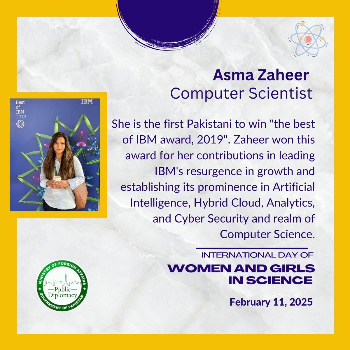 PkPublicDiplo's tweet photo. Asma Zaheer, the first Pakistani to win “the best of IBM award, 2019”.
#STEM #WomenInScience #PakistaniWomenInScience https://t.co/hwc35jM43j