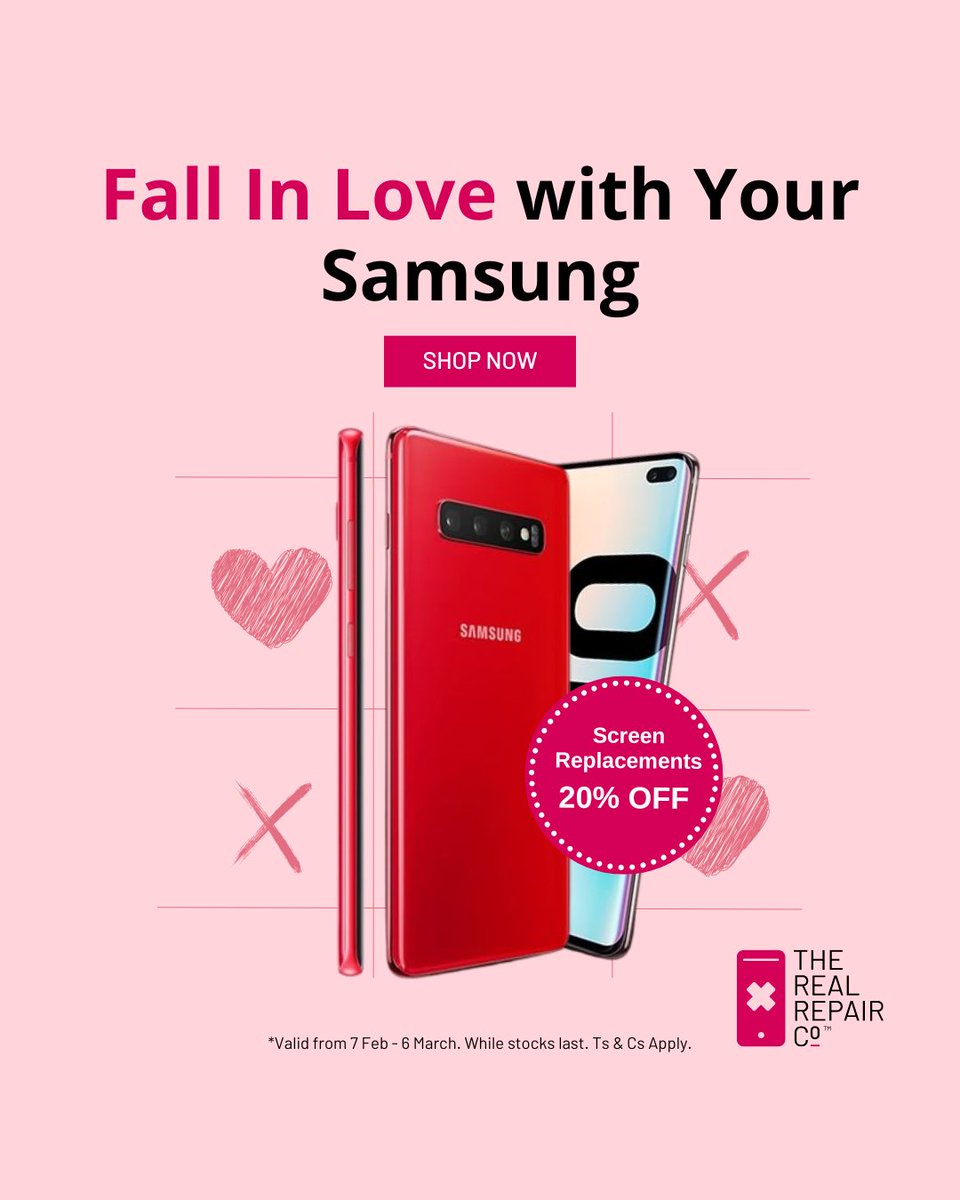 Don't let a cracked screen come between you &amp; your Samsung! 💔

Show your phone love with 20% OFF Original Screen Replacements.  

Repair today > bit.ly/3ifZxth

*Ts &amp; Cs Apply. Subject to availability, applicable promotion. 

#SamsungScreenRepair #TheRealRepairCompany