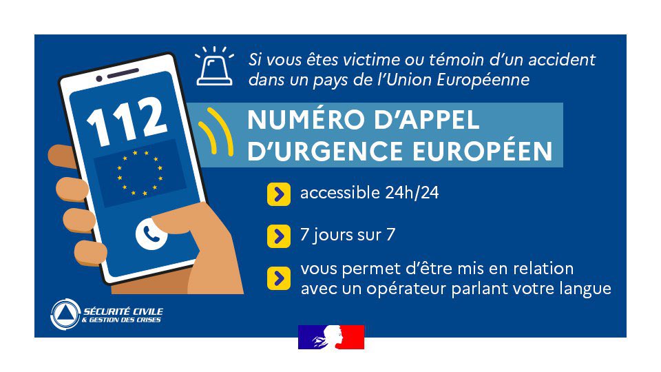 📅 C'est la #Journéedu112 ! 📅

☎️ #LeSaviezVous le 112 est gratuit ? 
🇪🇺 En cas d'urgence, il est accessible en France et dans l'Union Européenne. 🚒🚑🚓
💬  En voyage, il vous met en relation avec un opérateur parlant votre langue.

Plus d'infos : digital-strategy.ec.europa.eu/fr/policies/112