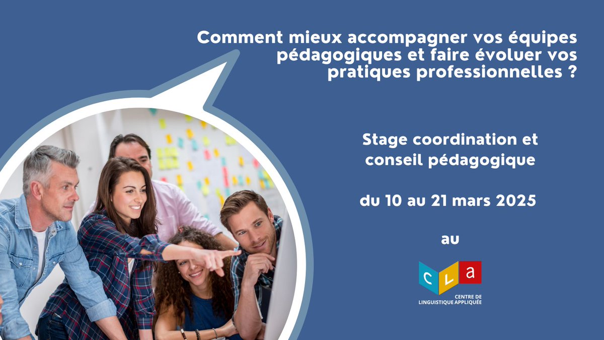 [FORMATION] Inscrivez-vous au #stage coordination et conseil pédagogique proposé par le CLA du 10 au 21 mars 2025👉bit.ly/3ZED3GG
Formation en ligne de 25h, modalités synchrones et asynchrones.

<a href="/IFParis/">Institut français</a> <a href="/OIFrancophonie/">La Francophonie</a> <a href="/auf_org/">AUF</a> <a href="/FipfOrg/">FIPF.org</a> <a href="/AgenceFLE/">Agence Fle.fr 🇫🇷</a>