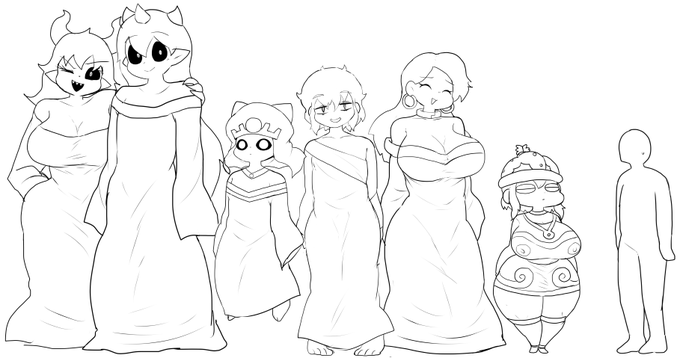 神様たち。サイズ比較用に一般成人モブ男性を置いておく 