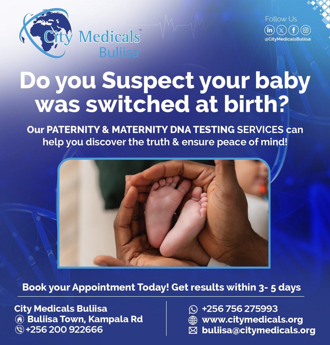 CityMedicalsBls's tweet photo. If you’re uncertain about your child's identity due to baby switching concerns, Paternity & Maternity DNA testing can provide the clarity you need. Don't let doubt linger—get the answers today! Call +256 200 922 666 to book your appointment #PaternityTesting #MaternityTesting https://t.co/wZXUgJjZSf