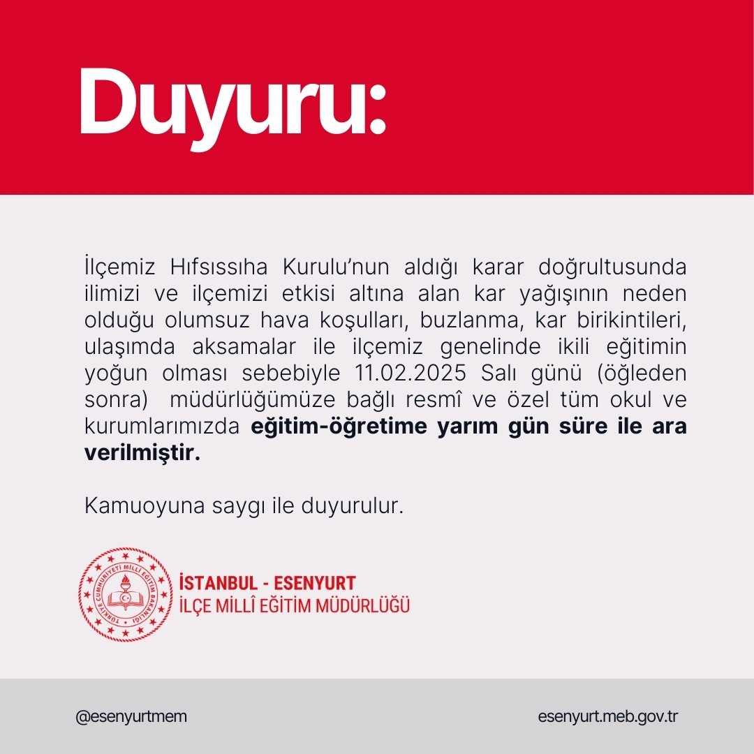 Esenyurt İlçe Millî Eğitim Müdürlüğü (@esenyurtmem) on Twitter photo DUYURU:
İlçemiz Hıfsıssıha Kurulu’nun aldığı karar doğrultusunda 11.02.2025 Salı günü (öğleden sonra) müdürlüğümüze bağlı resmî ve özel tüm okul ve kurumlarımızda eğitim-öğretime yarım gün süre ile ara verilmiştir.
Kamuoyuna saygı ile duyurulur.
<a href="/tcmeb/">Millî Eğitim Bakanlığı</a> <a href="/Yusuf__Tekin/">Yusuf Tekin</a> DUYURU:
İlçemiz Hıfsıssıha Kurulu’nun aldığı karar doğrultusunda 11.02.2025 Salı günü (öğleden sonra) müdürlüğümüze bağlı resmî ve özel tüm okul ve kurumlarımızda eğitim-öğretime yarım gün süre ile ara verilmiştir.
Kamuoyuna saygı ile duyurulur.
<a href="/tcmeb/">Millî Eğitim Bakanlığı</a> <a href="/Yusuf__Tekin/">Yusuf Tekin</a>