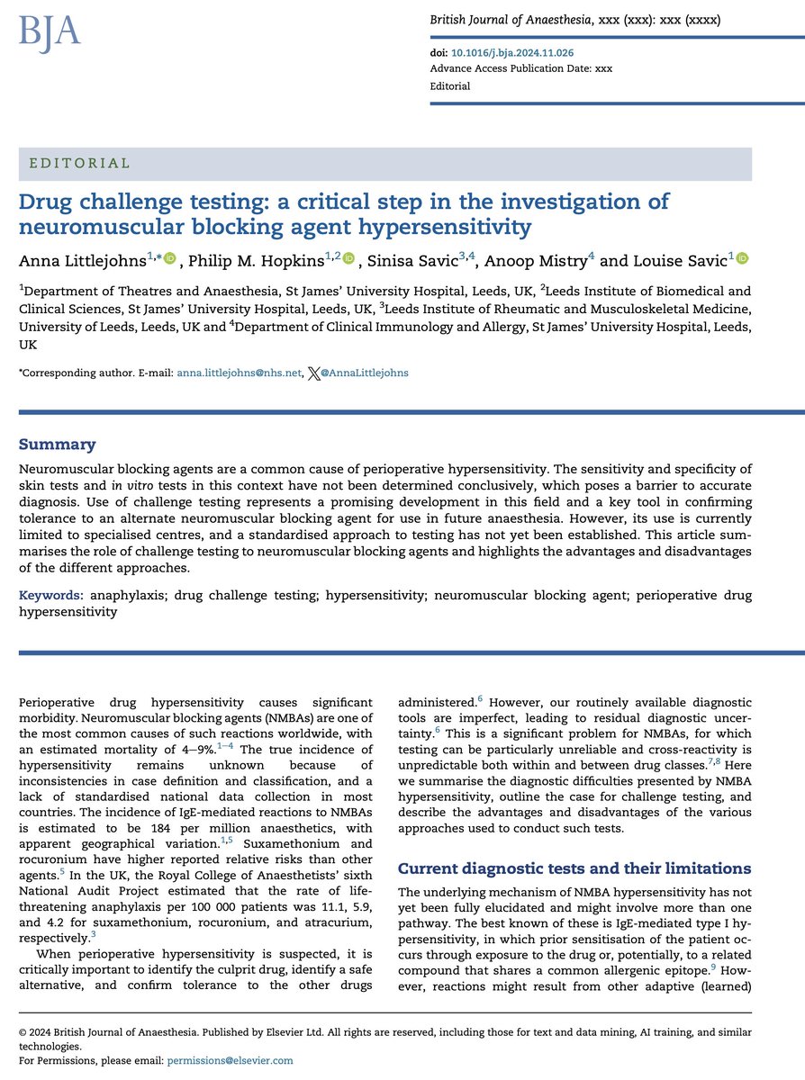 BJAJournals's tweet photo. Should we adopt challenge testing for suspected allergy to neuromuscular blocking agents? New editorial by Littlejohns et al on the pros and cons of different approaches to #perioperative #allergy #anaesthesia #NMBAs
https://t.co/vYcStZq4Cd https://t.co/VBTmoNGUHM
