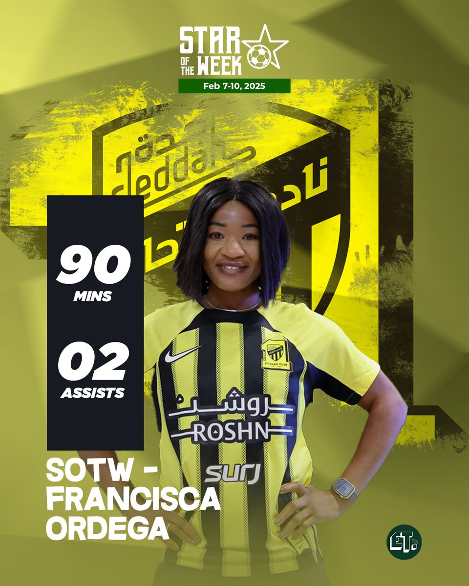 ETMediaNG's tweet photo. Francisca Ordega @OrdegaF continued her fast start to life in Saudi Arabia, assisting 2 goals for Al Ittihad Ladies, in their [3-0] Women’s Pro League victory over Al-Amal. Her fine performance earns her the Nigerian Star of The Week award.

#ETAOTW #EaglesTracker 🦅🇳🇬 https://t.co/Xr80CumQLR