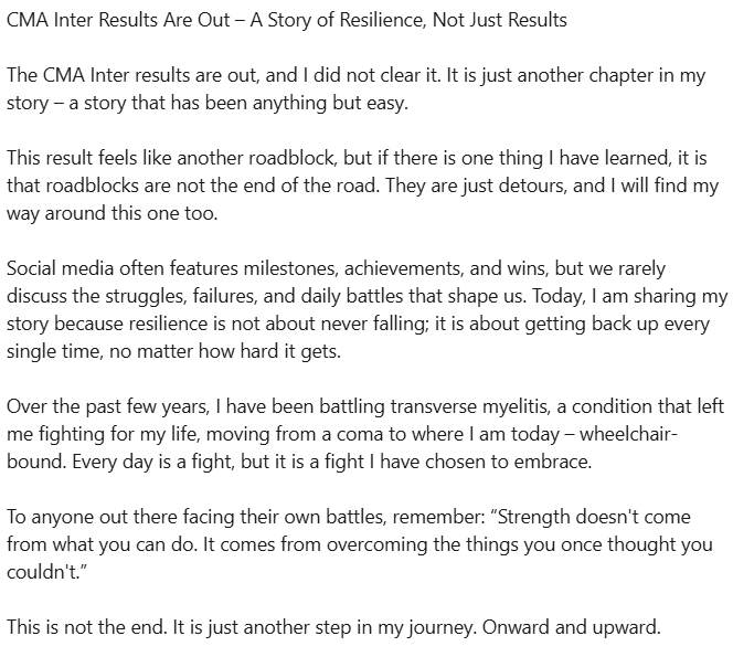 preethi571's tweet photo. CMA Inter Results Are Out – A Story of Resilience, Not Just Results

#CMA #Resilience #NeverGiveUp #OvercomingChallenges #CMAInter #Inspiration #Motivation #FightForYourDreams #LifeLessons #KeepGoing #StrengthInAdversity #TransverseMyelitis #WheelchairLife #SuccessMindset https://t.co/5wtW5hIILu