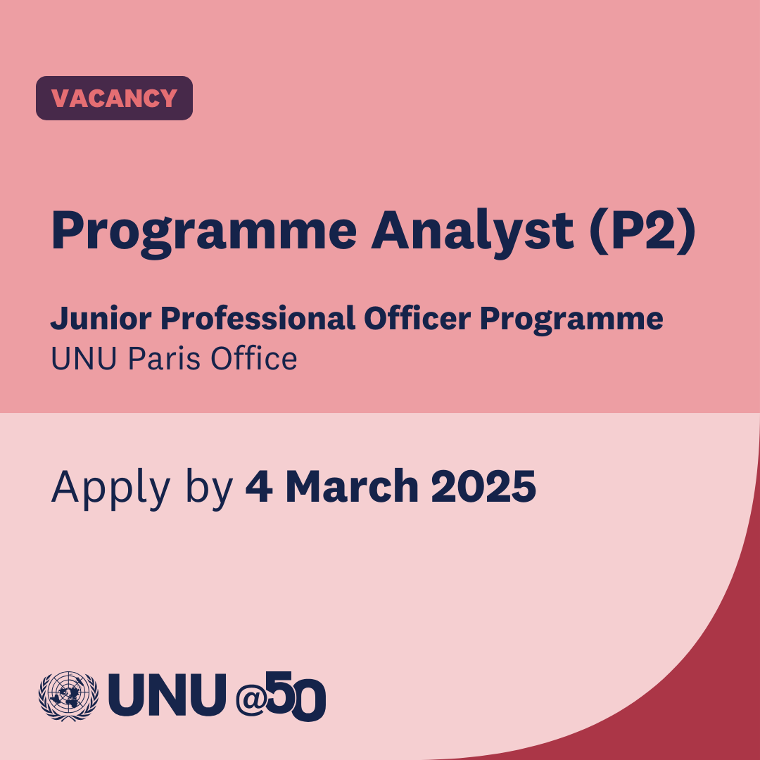 #VACANCY: Programme Analyst (P2)

The UNU Paris Office is seeking a Programme Analyst through the Japan-funded Junior Professional Officer (#JPO) programme. 

Learn more at buff.ly/3Eva6pz and apply through the MOFA Japan website buff.ly/3HPqsIb

#UNCareers