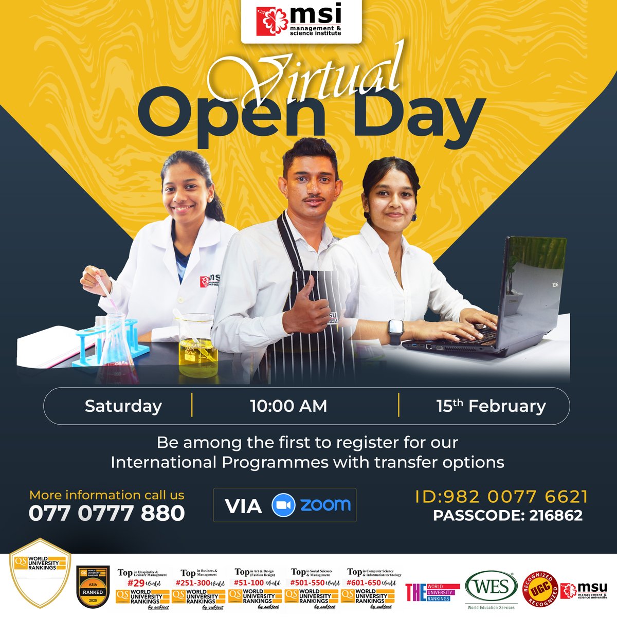 🌟 Join Us for Our Virtual Open Day! 🌟

🗓 Date: 15th February 2025, Saturday
🕙 Time: 10:00 AM
💻 Platform: Via Zoom

Join Zoom Meeting
zoom.us/j/98200776621?…

Meeting ID: 982 0077 6621
Passcode: 216862