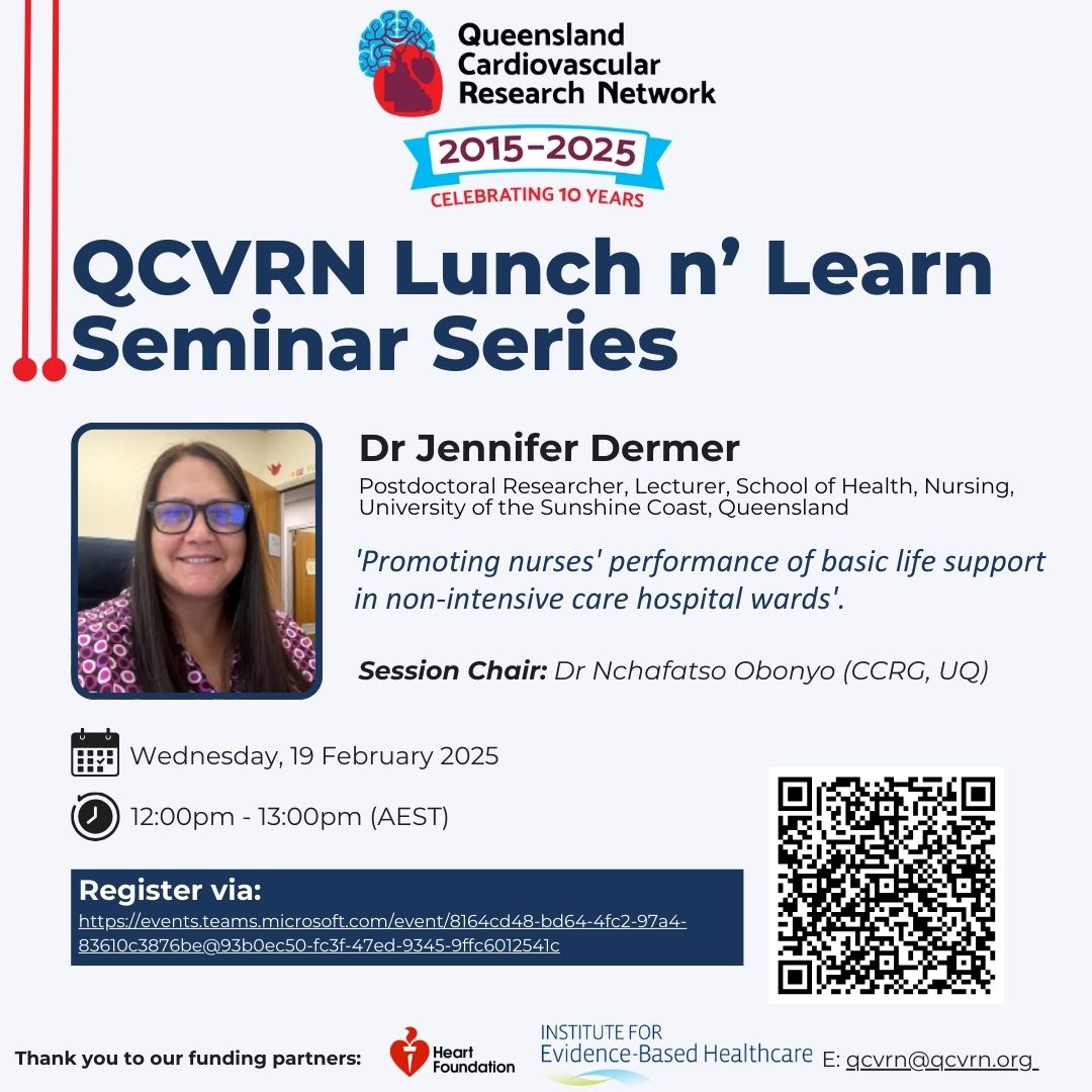 Queensland Cardiovascular Research Network (@qcvrn) on Twitter photo 🚀 QCVRN Lunch n' Learn Seminar Series is here!
Join our first seminar with Dr Jennifer Dermer from <a href="/usceduau/">UniSC: University of the Sunshine Coast</a> on nurses' performance in basic life support in non-ICU wards.
📅 19 Feb 2025
⏰ 12–1 PM AEST
🔗 Register: events.teams.microsoft.com/event/8164cd48… 🚀 QCVRN Lunch n' Learn Seminar Series is here!
Join our first seminar with Dr Jennifer Dermer from <a href="/usceduau/">UniSC: University of the Sunshine Coast</a> on nurses' performance in basic life support in non-ICU wards.
📅 19 Feb 2025
⏰ 12–1 PM AEST
🔗 Register: events.teams.microsoft.com/event/8164cd48…