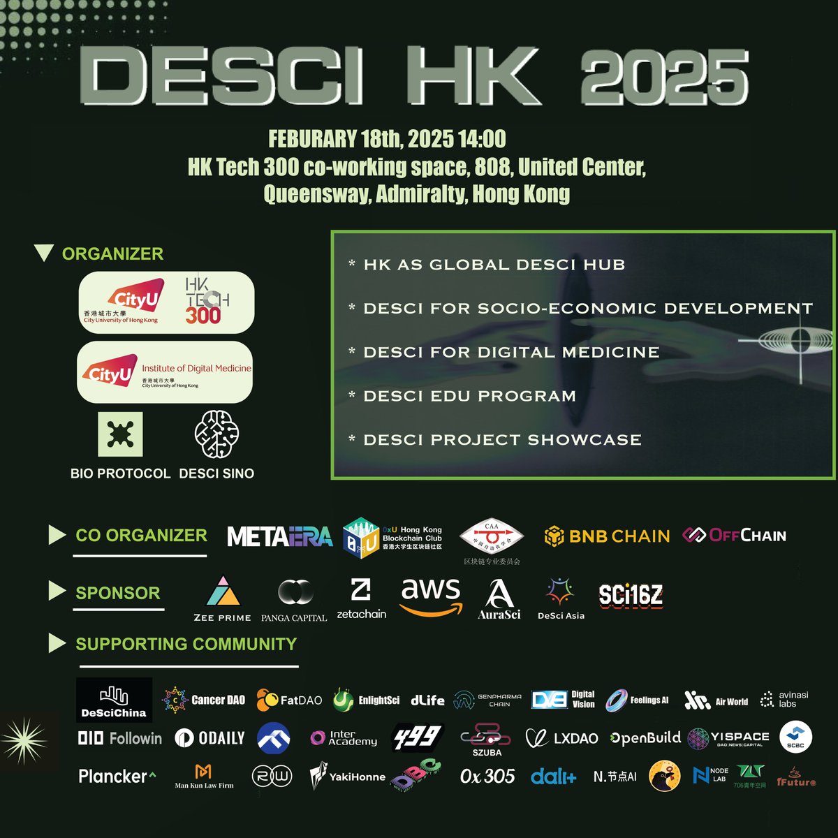 🔥 DeSci Hong Kong 2025 🚀

💡 SCIENCE x Web3.0 = 未来！
📅 2月18日 | 📍 香港
👥 聚集顶尖生物科技领袖、研究者、Web3 先锋、VC
💬 深入探索 DeSci 如何重塑科研与生物科技格局
📢 立即报名，共创去中心化科学新纪元！
👉 lu.ma/8hln98qw?local…
#DeSci #Web3 #DeSciHK2025 #区块链 #生物科技