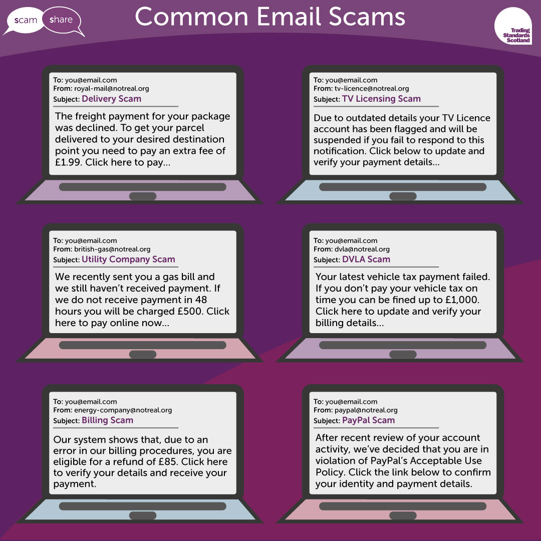TSScot's tweet image. This #SaferInternetDay be #ScamAware of the most frequently reported email scams👇 

Don't click on links in unexpected emails. If a message says there's a problem with your account, log in via the official website/app rather than clicking a link #ScamShare