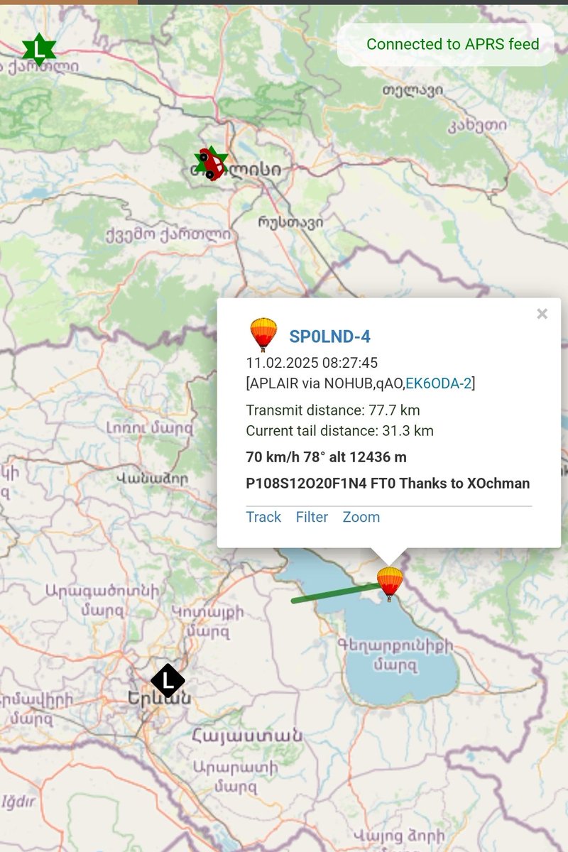 SP9DLM's tweet photo. Balloon #SP0LND @sq2cpa with #aprs tracker #LORA and #AFSK 144.800 was received in #Armenia 🇦🇲 #EK6OD, next stop is probably #Baku 🇦🇿@HasanovElgun #4K6EH and #Bishkek 🇰🇬 @ex0qkt ,#Kazachstan🇰🇿 @UN8G .I helped to launch these aprs gateways. It's a great joy for me. https://t.co/SyTDXLNeVJ