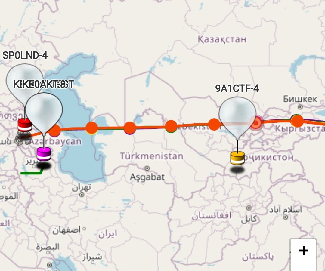 SP9DLM's tweet photo. Balloon #SP0LND @sq2cpa with #aprs tracker #LORA and #AFSK 144.800 was received in #Armenia 🇦🇲 #EK6OD, next stop is probably #Baku 🇦🇿@HasanovElgun #4K6EH and #Bishkek 🇰🇬 @ex0qkt ,#Kazachstan🇰🇿 @UN8G .I helped to launch these aprs gateways. It's a great joy for me. https://t.co/SyTDXLNeVJ