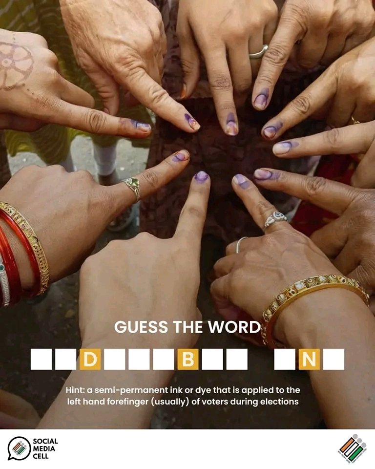 CeoRajasthan's tweet image. 🌟 Guess the Word! 🌟
#BrainTeasers
Can you solve the puzzle? Here's a hint: a semi-permanent ink or dye that is applied to the left hand forefinger  of voters after they cast their vote in elections ! 
Drop your guesses in the comments below! 👇
#Elections2024 #GuessTheWord #ECI