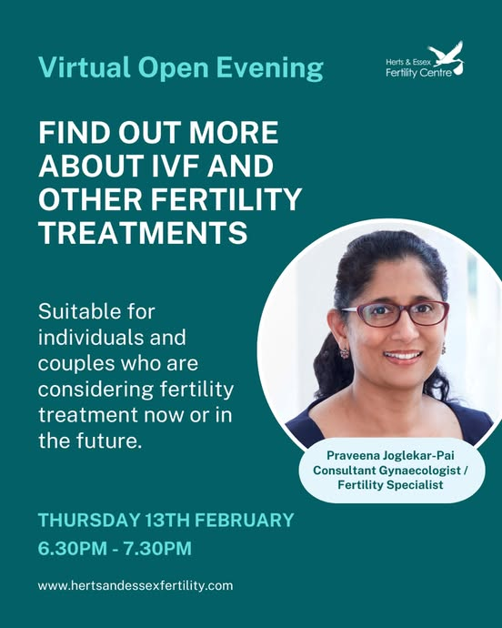 Virtual Open Evening at <a href="/FertilityUnit/">H&E Fertility Centre</a> Thur 13 Feb at 6.30pm
Join us to learn more about #fertility treatment, a fertility journey through our clinic and live chat with our specialist team. Register here: hertsandessexfertility.com/.../virtual-op…
#infertility #ivf #openevening #webinar #EVENT