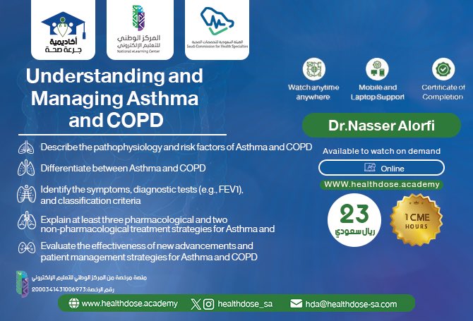 Watch our new accredited CME activity   

" Understanding and Managing Asthma &amp; COPD" 

🎥 available to watch OnDemand

💰 23 SAR (VAT inclusive) 
🎟️ Free for healthdose Premium Subscription 

🥇1 CME hour

 📲 healthdose.academy/courses/51/ast…