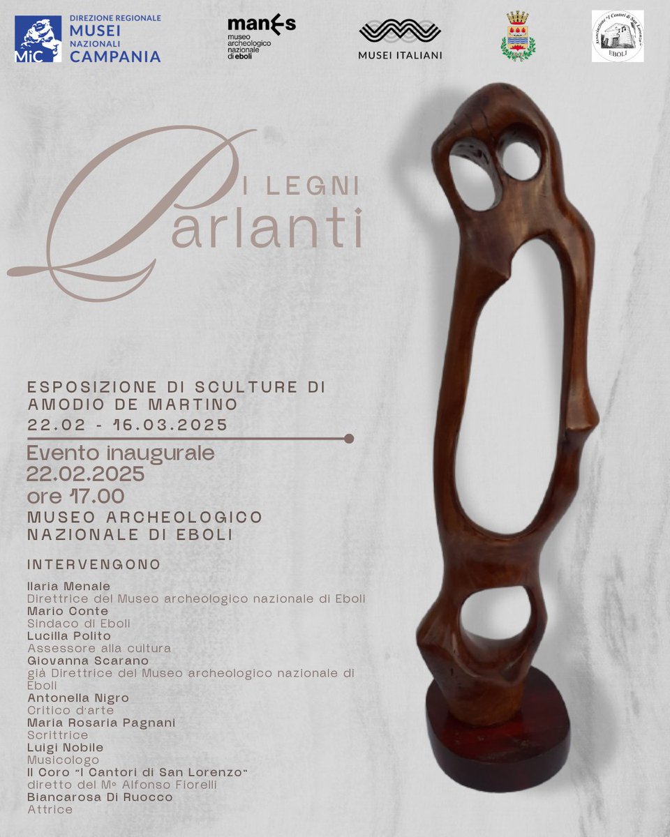 #22febbraio h. 17, al <a href="/Museo_Eboli/">MuseoArcheologicoNazionaleEboli</a>  inaugurazione della mostra 𝙄 𝙇𝙚𝙜𝙣𝙞 𝙥𝙖𝙧𝙡𝙖𝙣𝙩𝙞 dello scultore Amodio De Martino. 
La partecipazione è #gratuita, senza prenotazione.🆓
Dalle h. 17 anche l'ingresso al Museo sarà gratuito (ultimo ingresso h. 18.30).🆓
Vi aspettiamo!😍