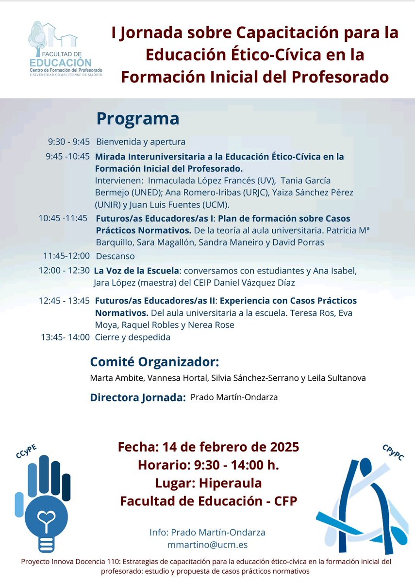 Junto con <a href="/CPyPC_2024/">CPyPC</a> , celebramos la I Jornada sobre Capacitación para la Educación Ético-Cívica en la Formación Inicial del Profesorado. Keep the date!🔴
