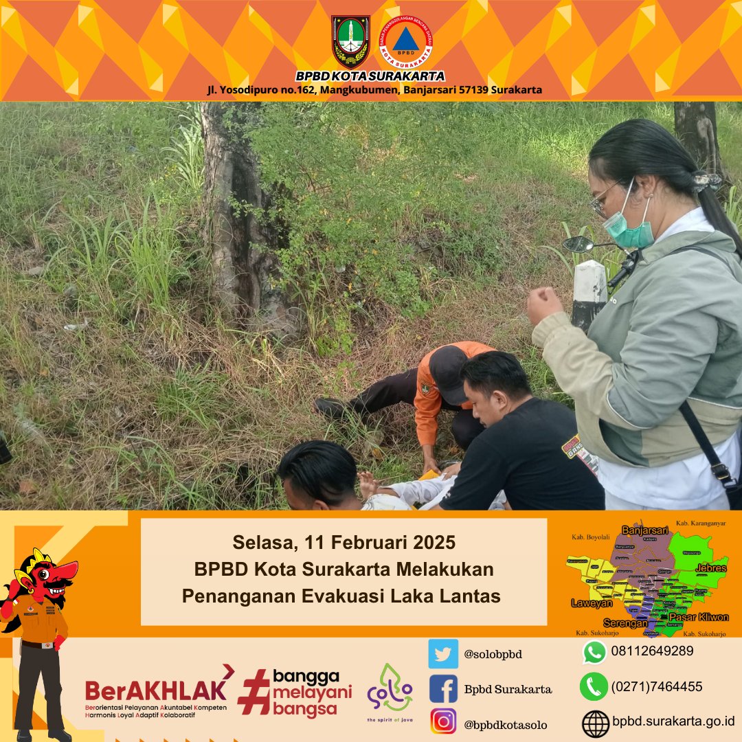 BpbdSurakarta's tweet photo. #hallosobattangguh 
Selasa, 11 Februari 2025
BPBD Kota Surakarta Melakukan Penanganan Evakuasi Laka Lantas di Jl. A.Yani (depan Balekambang).
@BNPB_Indonesia 
@bpbdjateng 
@PEMKOT_SOLO https://t.co/yxr1eP5wuV