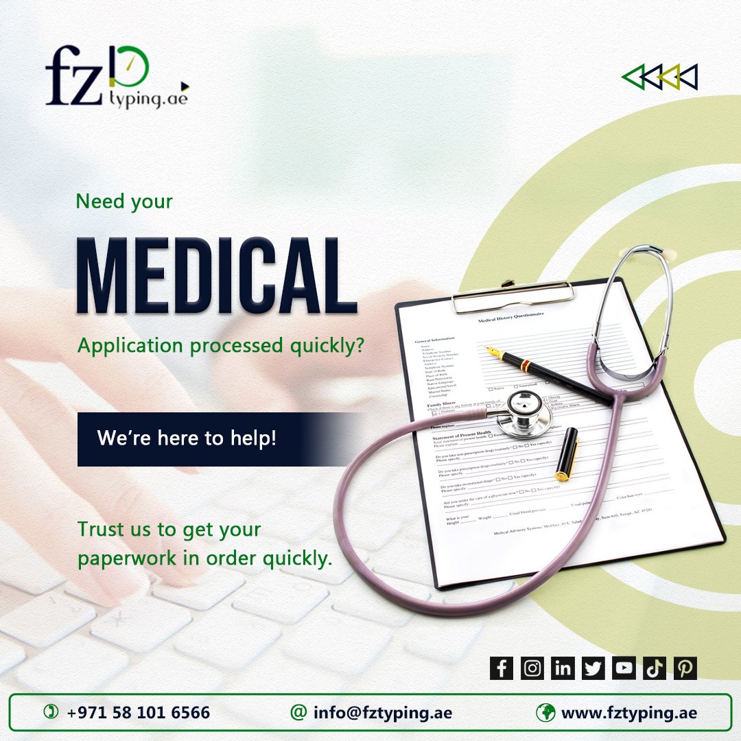 FzServices's tweet image. Need Your Medical Application Processed Quickly? 🏥
WhatsApp: +971 58 101 6566 | Email: info@fztyping.ae | Website: fztyping.ae
#FZTyping #MedicalApplication #QuickProcessing #VisaServices #UAE #HassleFree #FastService
