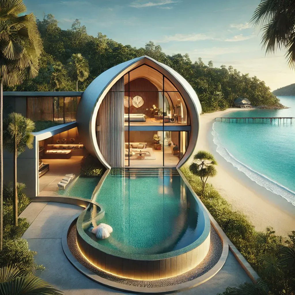 This stunning villa design is a prime example of the creative results from the UNIST Gaudí Origination Workshop. The shell-like structure and lagoon-style pool reflect biomimicry at its finest—drawing from organic forms to create a harmonious connection with the natural world.