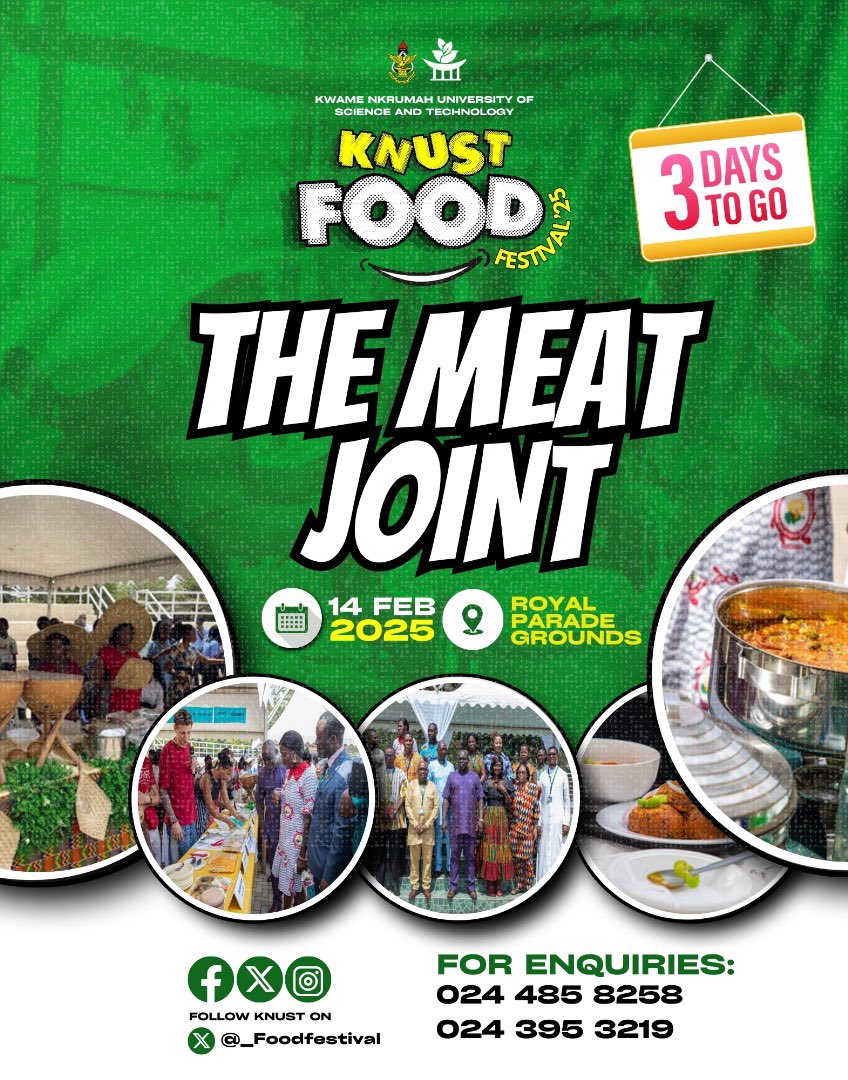 _FoodFestival's tweet photo. There is going to be a MEAT JOINT with all kinds of meat and meat products at the KNUST food festival.

For enquiries, Call/WhatsApp.
024 485 8258 / 024 395 3219

3 days more to go!
#Foodfestival25 | #KNUST https://t.co/zRQ45d66En