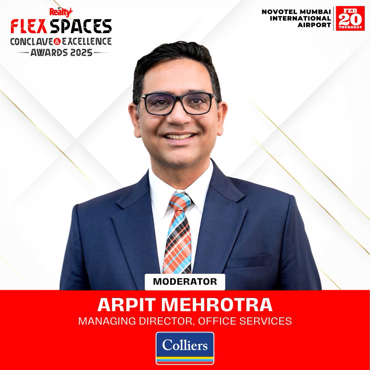 RPRealtyPlus's tweet image. 🌟Powering the Future of Managed Spaces!🌟

Arpit Mehrotra, MD - Office Services, #Colliers, joins the elite panel @ 6th Realty+ Flex Spaces Conclave 2025 as #moderator for the #paneldiscussion on 20th Feb at, Novotel Mumbai Intl Airport.

💌 #RSVP here ➡️ bit.ly/4eAXFWf