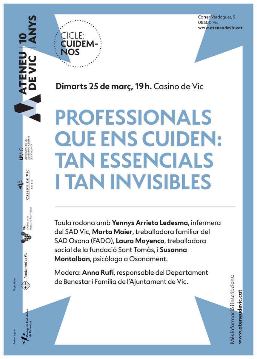 UVic_CESS's tweet photo. 📆Dimarts 25 de març 🕖19 h 📍Casino de Vic
🗣️"Professionals que ens cuiden: tan essencials i tan invisibles"
🔍Taula rodona amb expertes del sector social i sanitari. Modera Anna Rufí.
🔗 +Info: https://t.co/zRu0BP918O #CuidemNos #AteneuDeVic https://t.co/y2YeSgL2sE