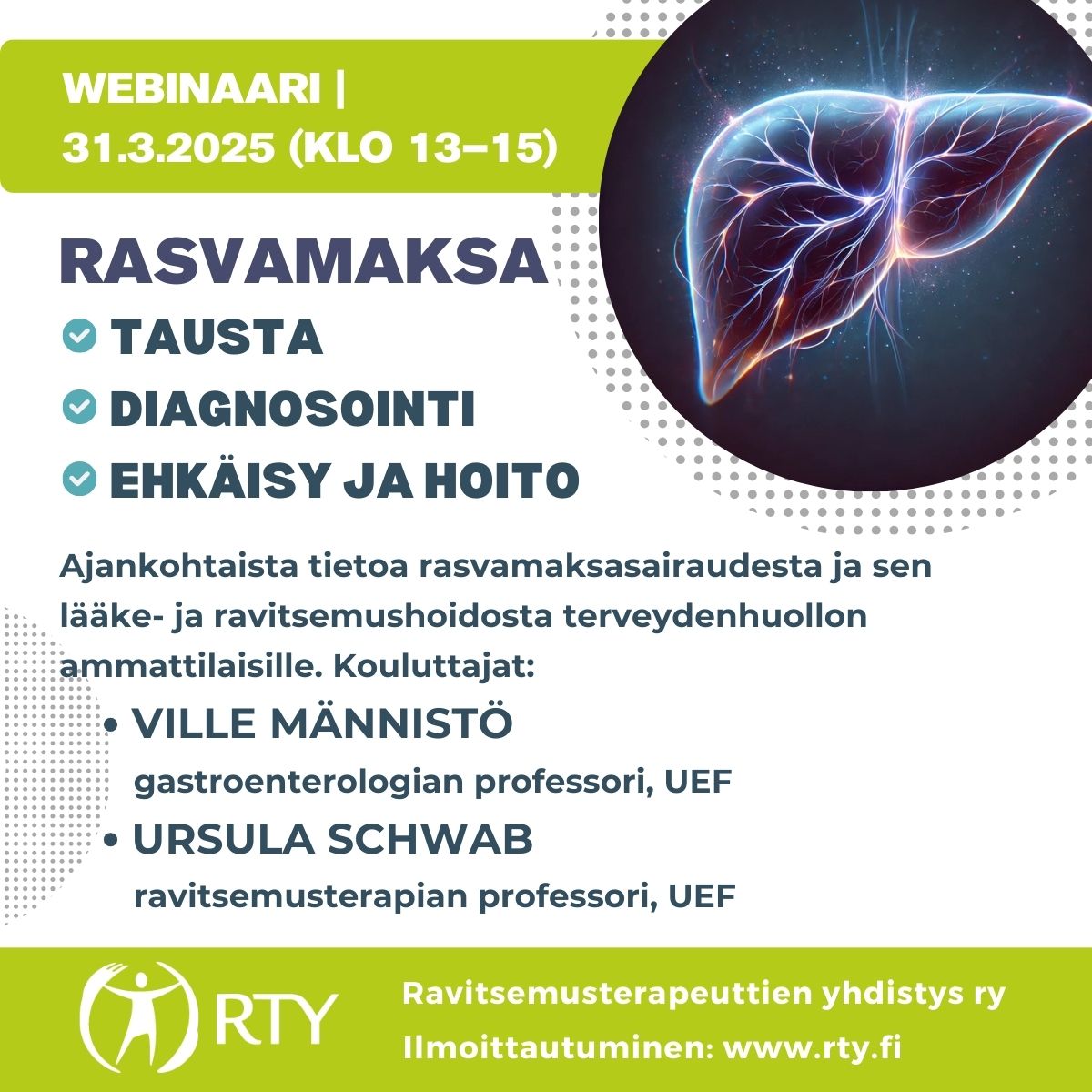 Ajankohtaista tietoa rasvamaksasta: päivitä tietosi RTY:n maaliskuun webinaarissa! Luennoitsijoina Itä-Suomen yliopiston gastroenterologian professori Ville Männistö ja ravitsemusterapian professori Ursula Schwab. Ilmoittaudu: rty.fi
#ravitsemus #rasvamaksa