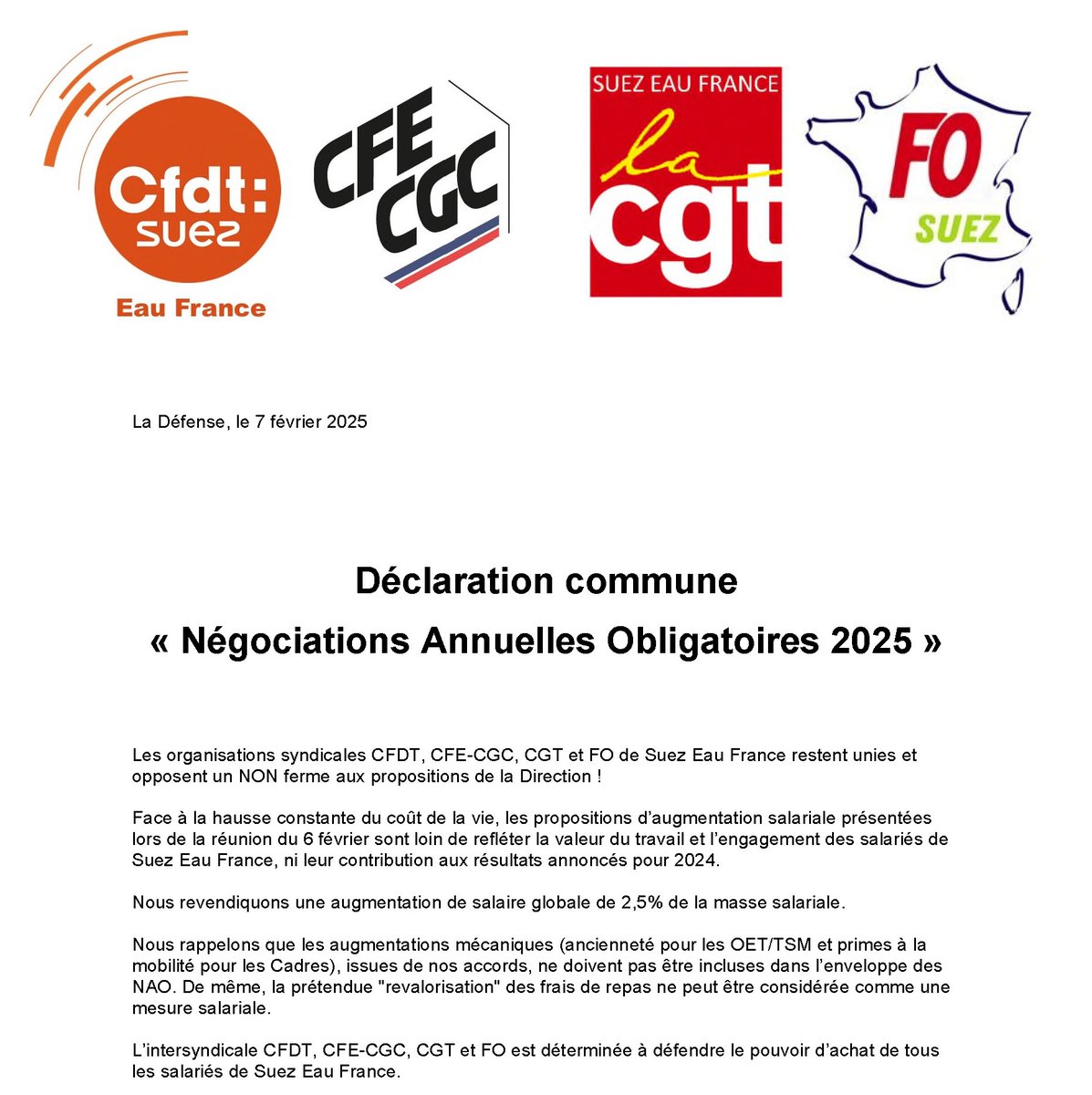 FOSuezFR's tweet photo. #Intersyndicale @suez  @CfdtSuez @EauSuez @CgtEau @FOSuezFR 
📢Nous revendiquons une augmentation de salaire globale de 2,5% de la masse salariale ! 
#NAO #Salaire #Remuneration #Union #Travail #DialogueSocial #PouvoirDAchat https://t.co/ePcfiixJT8