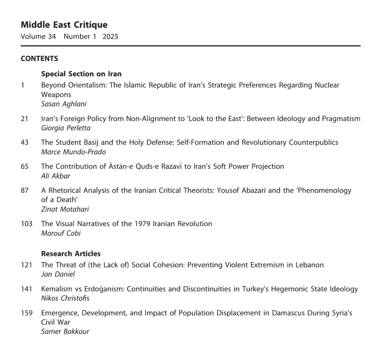 Our first issue of 2025 is OUT!

🚨𝟑𝟒.𝟏🚨

The issue contains a Special Section on 🇮🇷, consisting of 6⃣ nicely crafted and researched article that offer fresh and critical perspectives on the country's socio/cultural/political dynamics. Ranging from questions related to
